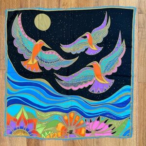 Laurel Burch VTG Tropical Birds Bright Colorful Scarf 100% Silk Honey Collection